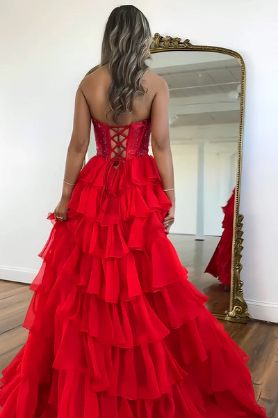 Gorgeous A Line Strapless Daffodial Tiered Chiffon Prom Evening Dresses with Hot Stone VK25052302
