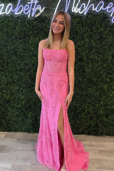 Mermaid Scoop Neck Pink Lace Prom Dress with Slit VK162407