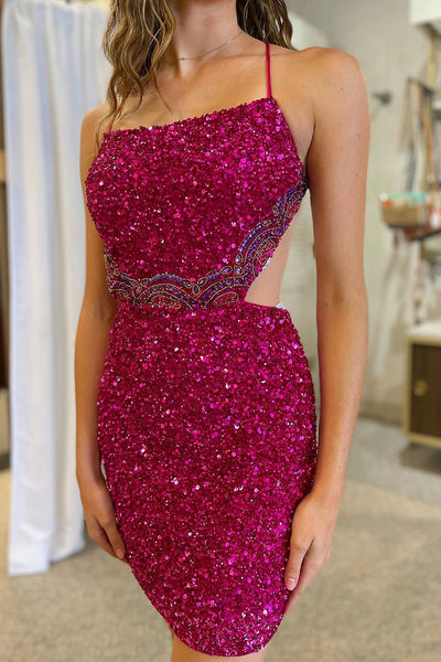Hot Pink Sequins Spaghetti Straps Tight Homecoming Dresses VK23082405