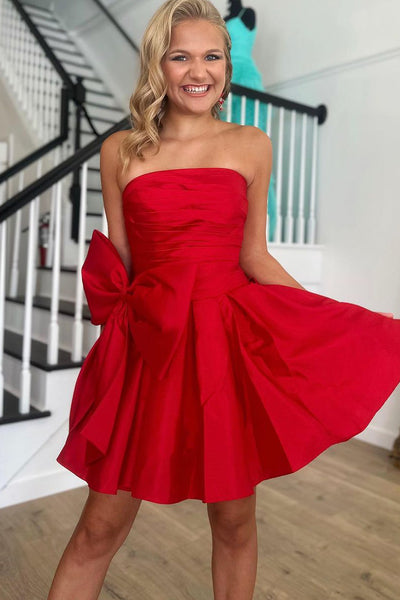 Cute A-Line Strapless Red Satin Short Homecoming Dresses with Bow VK23090703