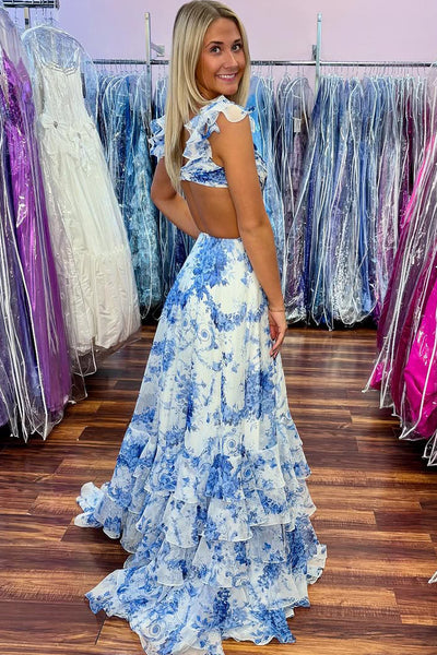 Charming Sheath V Neck Floral Blue Tiered Prom Dress with Slit VK020507