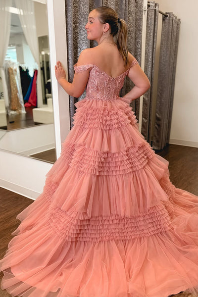 Ball Gown Off the Shoulder Blush Pink Ruffle Tiered Tulle Prom Dresses with Appliques VK021206