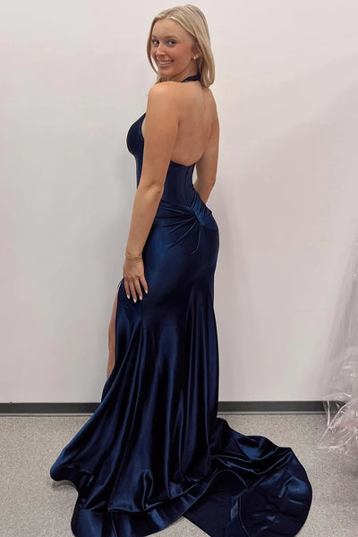 Navy Halter Mermaid Long Prom Dress with Slit VK24011403