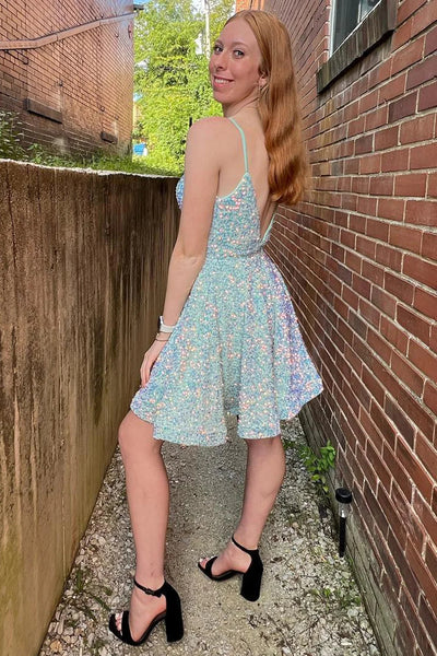 Mint A-Line Backless Sequins Homecoming Dress VK23062309