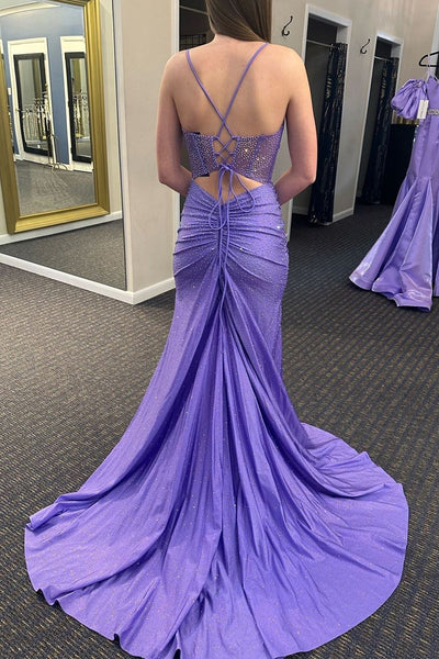 Mermaid V Neck Lavender Beaded Long Prom Dresses VK24013005