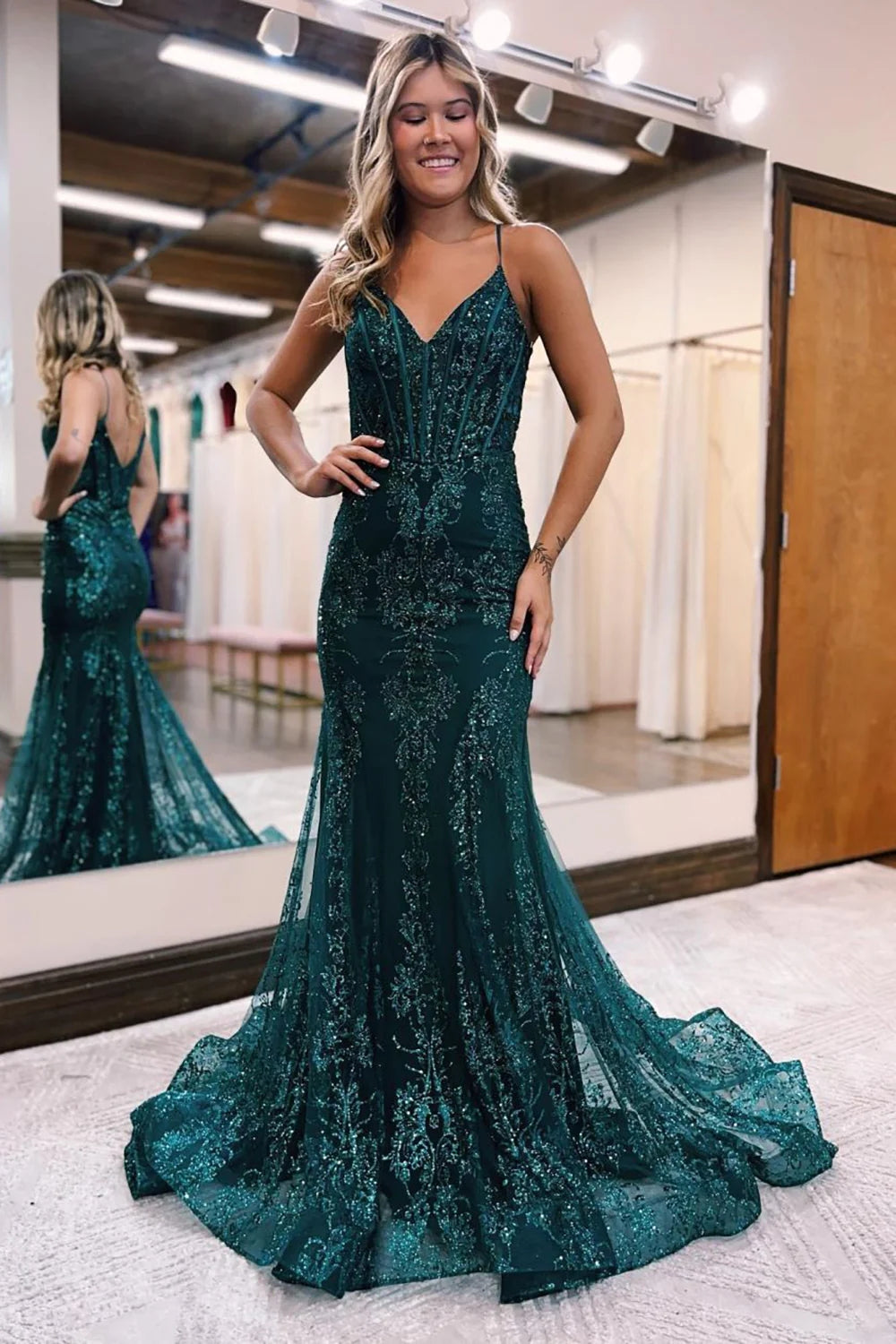 Elegant Green Prom Dress Open-Back Long Glitter Mermaid Formal Dress PromGirl Elegant Green Prom Dress Open-Back Long Glitter Mermaid Formal Dress PromGirl