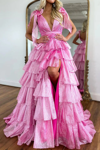 Glitter Hot Pink A Line V Neck Backless Long Tiered Prom Dress with Slit VK23122004