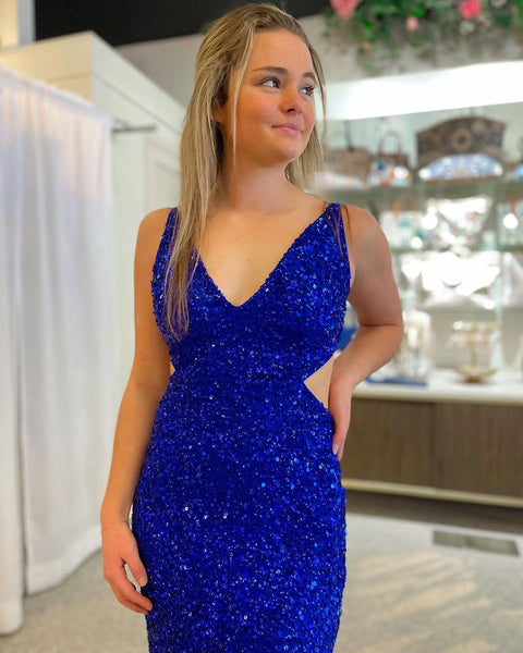 Sparkly Mermaid V Neck Royal Blue Sequins Long Prom Dresses with Slit VK23051807