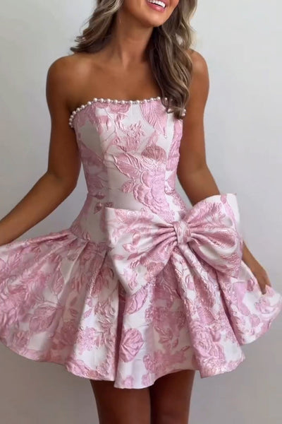 A Line Strapless Pink Jacquard Satin Short Homecoming Dress with Bow VK26061405