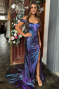 Charming Mermaid Off the Shoulder Metallic Satin Slit Prom Dress VK1312810