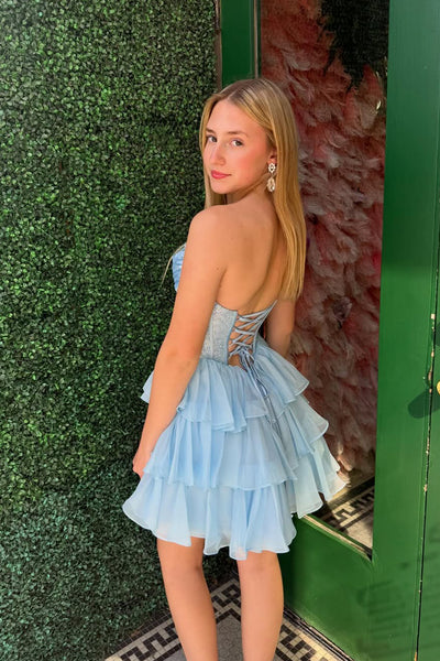 Cute A Line Strapless Light Blue Chiffon Short Homecoming Dress VK26031110