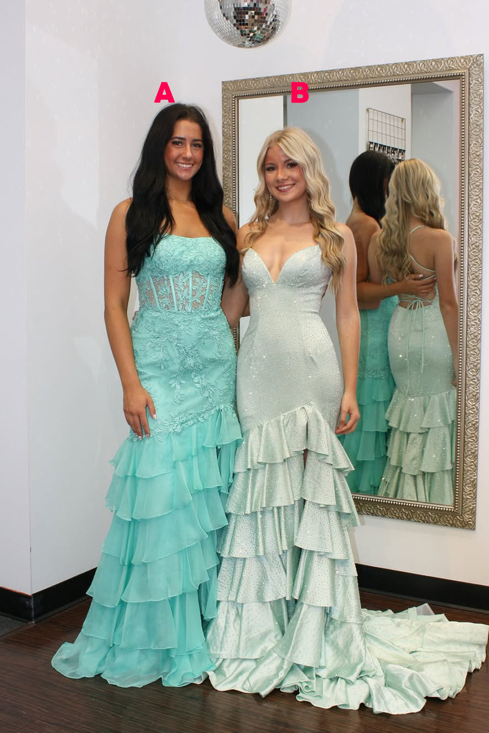 Mermaid V Neck Light Mint Sequins Ruffle Tiered Long Prom Dresses with Side Slit VK25102204