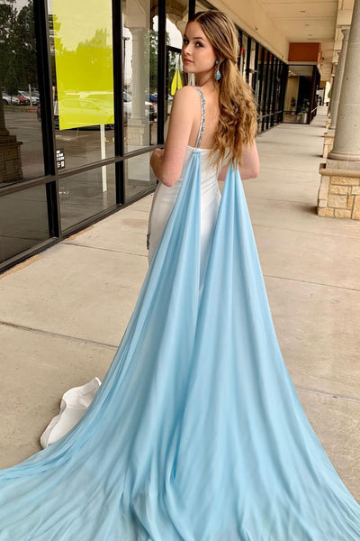 White V Neck Satin Mermaid Long Prom Dresses with Slit VK23122907