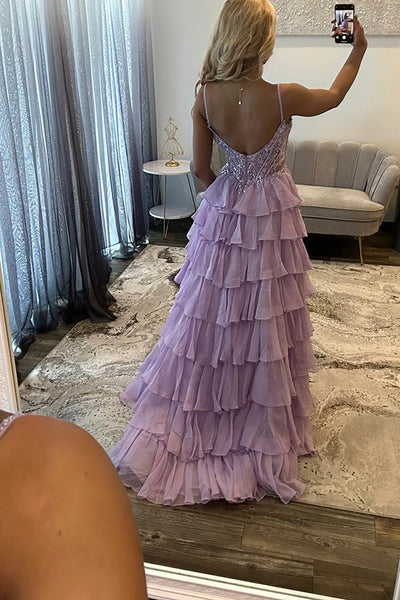 A-Line Spaghetti straps Lilac Ruffle Tiered Chiffon Long Prom Dress with Slit VK26010605