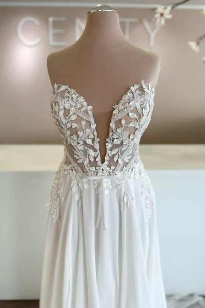 A Line Deep V Neck Chiffon Beach Wedding Dress with Appliques VK26060816