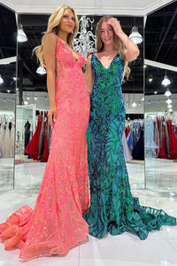 Mermaid V Neck Green Sequin Appliques Long Prom Evening Dresses VK23111803