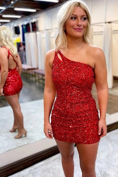 Sparkly Yellow Open Back One Shoulder Sequins Tight Homecoming Dress VK23092207