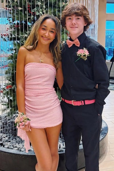 Sparkly Pink Sequin Strapless Ruched Mini Homecoming Dress with Side Drape VK25092903