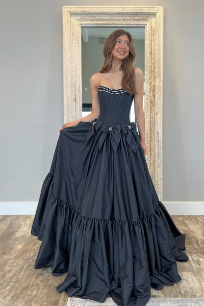 Ball Gown Strapless Black Satin Long Prom Dresses with Bowknots VK25032506