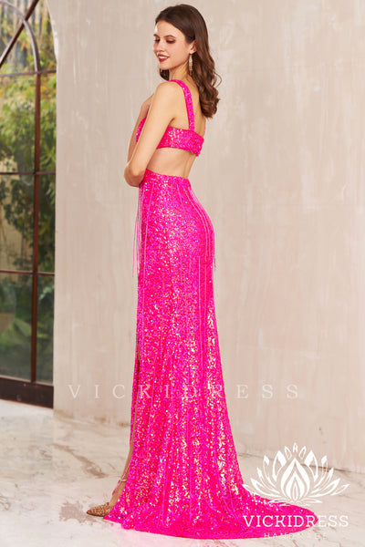 Fuchsia V Neck Sequins Mermaid Long Prom Dresses with Fringe VK24010710