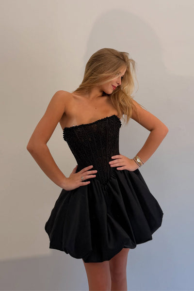 A Line Strapless Black Satin Short Homecoming Dress with Beading VK26073002