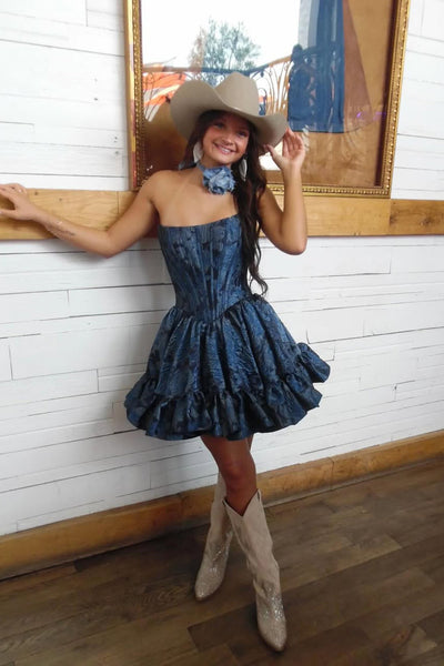 A Line Scoop Neck Navy Jacquard Satin Homecoming Dress VK26060903