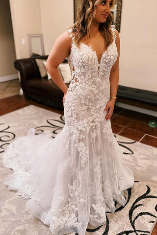 Charming Bohemian Mermaid V Neck Tulle Lace Wedding Dresses with Train VK23102006