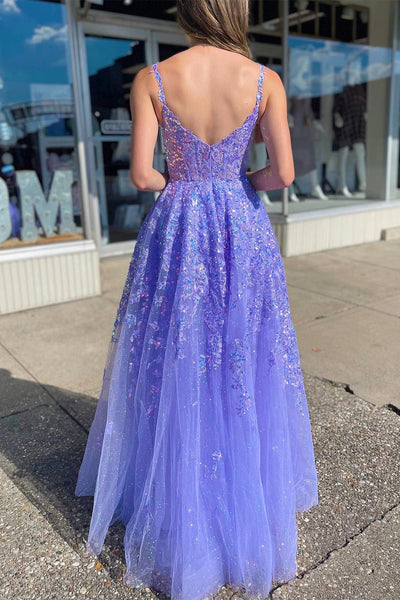 Lavender Tulle Sequin Scoop Neck A-Line Long Dress with Slit VK23102806