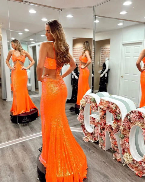 Charming Unique Mermaid V Neck Orange Sequins Long Prom Dress
