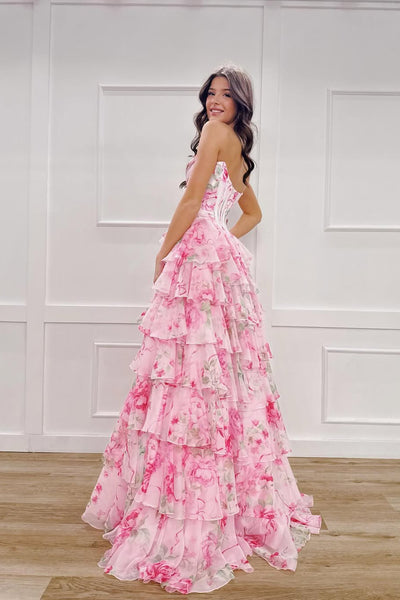 Cute A Line Sweetheart Pink Floral Chiffon Long Prom Dress with Slit VK25122907