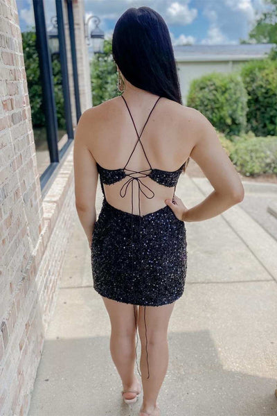 Black Sequin Halter Backless Short Homecoming Dress VK23092104