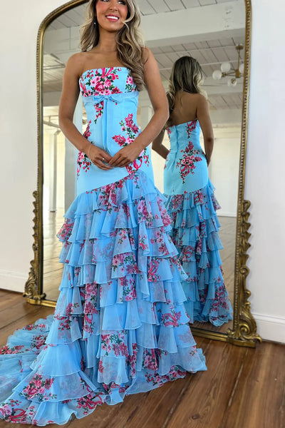 Cute Mermaid Sweetheart Blue White Floral Chiffon Prom Dress VK25122901
