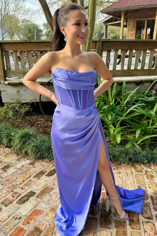 Periwinkle Strapless Pleated Prom Dress with Attached Train VK24011301