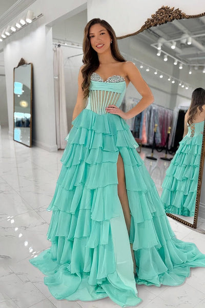 A-Line Sweetheart Mint Ruffle Tiered Chiffon Beads Long Prom Dresses with Slit VK26010508