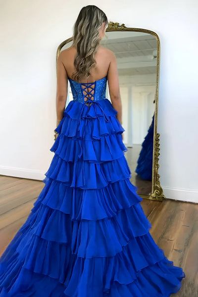 Gorgeous A Line Strapless Daffodial Tiered Chiffon Prom Evening Dresses with Hot Stone VK25052302