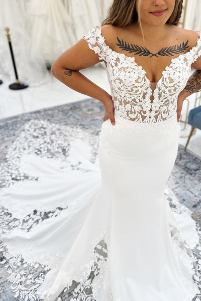 Mermaid Off the Neck Satin Long Wedding Dress with Appliques VK25060202