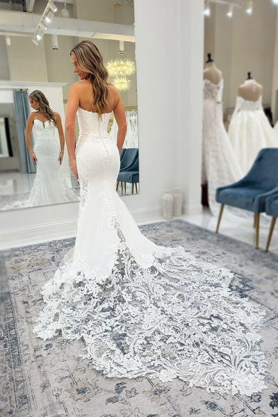 Charming Mermaid V Neck Satin Wedding Dress with Appliques VK25121801