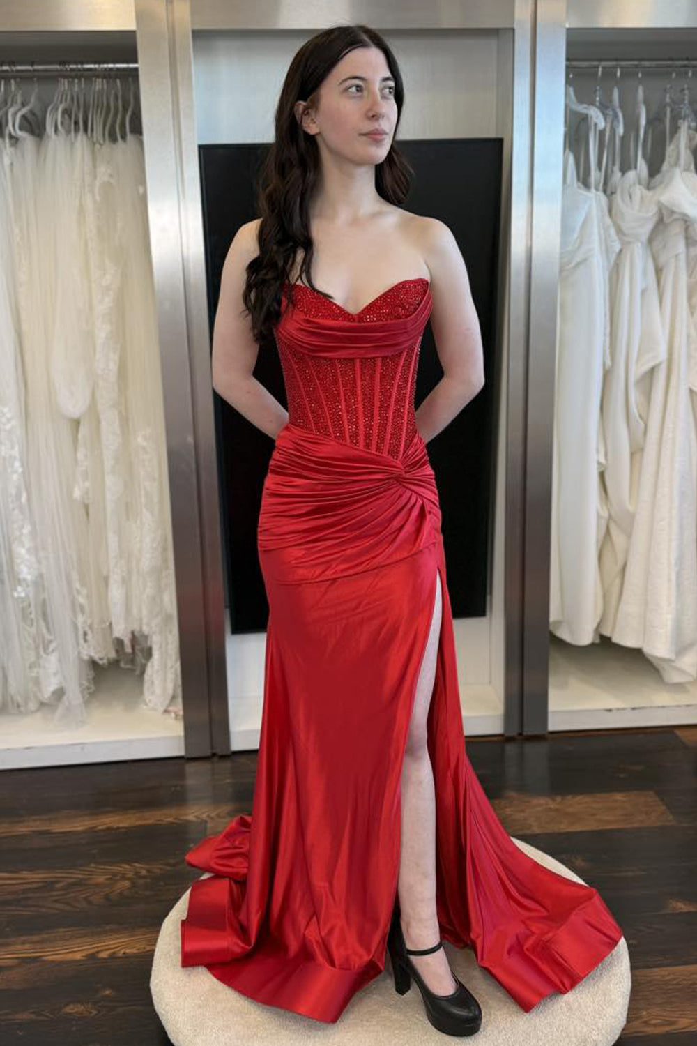Mermaid Sweetheart Red Satin Prom Dress with Hot Stone VK1106