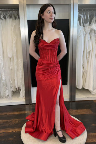 Mermaid Sweetheart Red Satin Prom Dress with Hot Stone VK1106