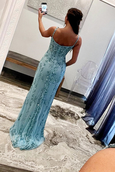 Aqua Blue Applique Queen Anne Long Formal Dress with Slit VK23101109