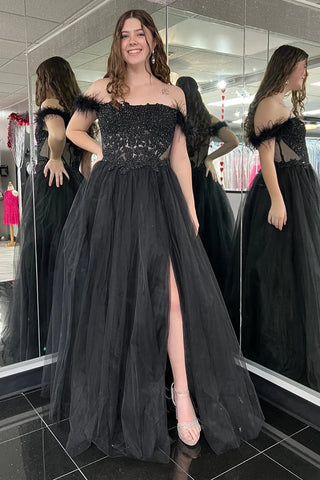 Black Lace Feather Off-the-Shoulder A-Line Prom Dress with Slit VK23093009