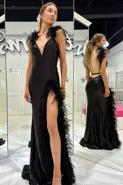 Black Deep V Neck Sequins Long Prom Dresses with Feather VK23111801