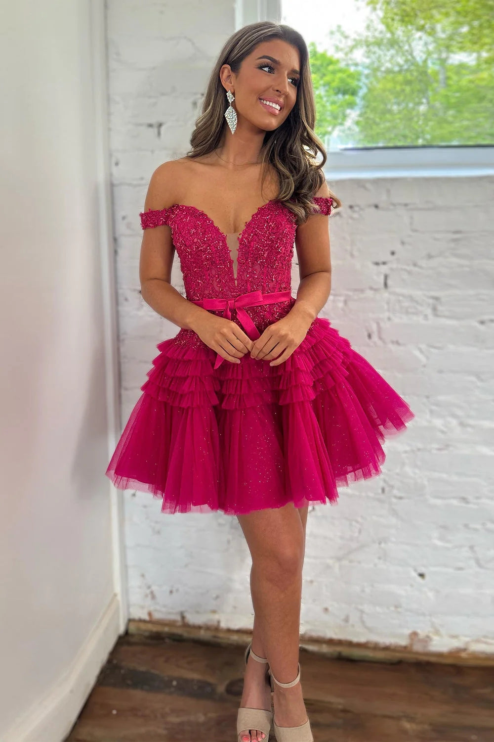 Princess Off the Shoulder Fuchsia Short Homecoming Dress with Ruffles VK23080901 Vickidress Princess Off the Shoulder Fuchsia Short Homecoming Dress with Ruffles VK23080901 Vickidress