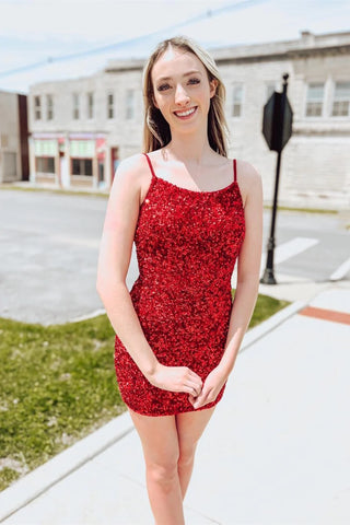 Cute Bodycon Scoop Neck Red Sequins Short Homecoming Dresses with Lace-up VK23060705