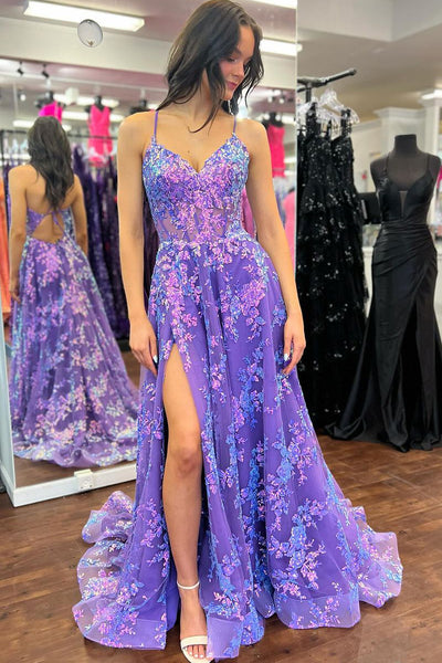 Cute A Line V Neck Purple Sequins Lace Long Prom Dress with Slit VK25010201