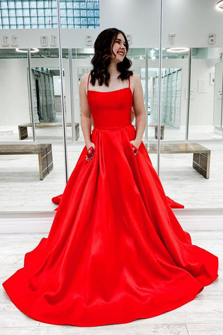 Red Scoop Neck Satin A-Line Prom Dresses with Pockets VK24051101