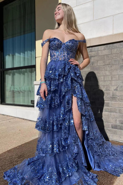 Romantic Lavender Off the Shoulder Sequin Lace Long Prom Dresses VK23091008