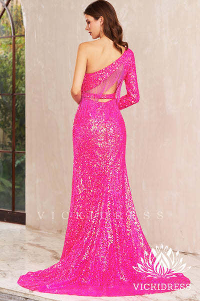 Mermaid One Shoulder Fuchsia Sequins Long Prom Dress with Fringe Back VK23121901