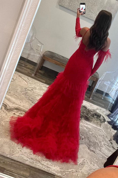 Red Lace One-Shoulder Tiered Mermaid Long Prom Dress VK23093010