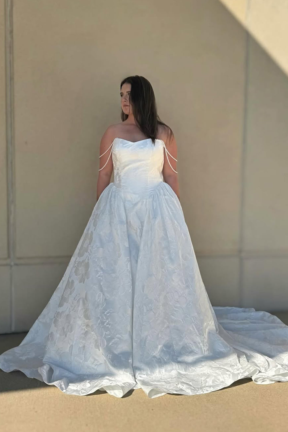 Elegant A-Line Off the Shoulder White Jacquard Satin Wedding Dresses VK25102003